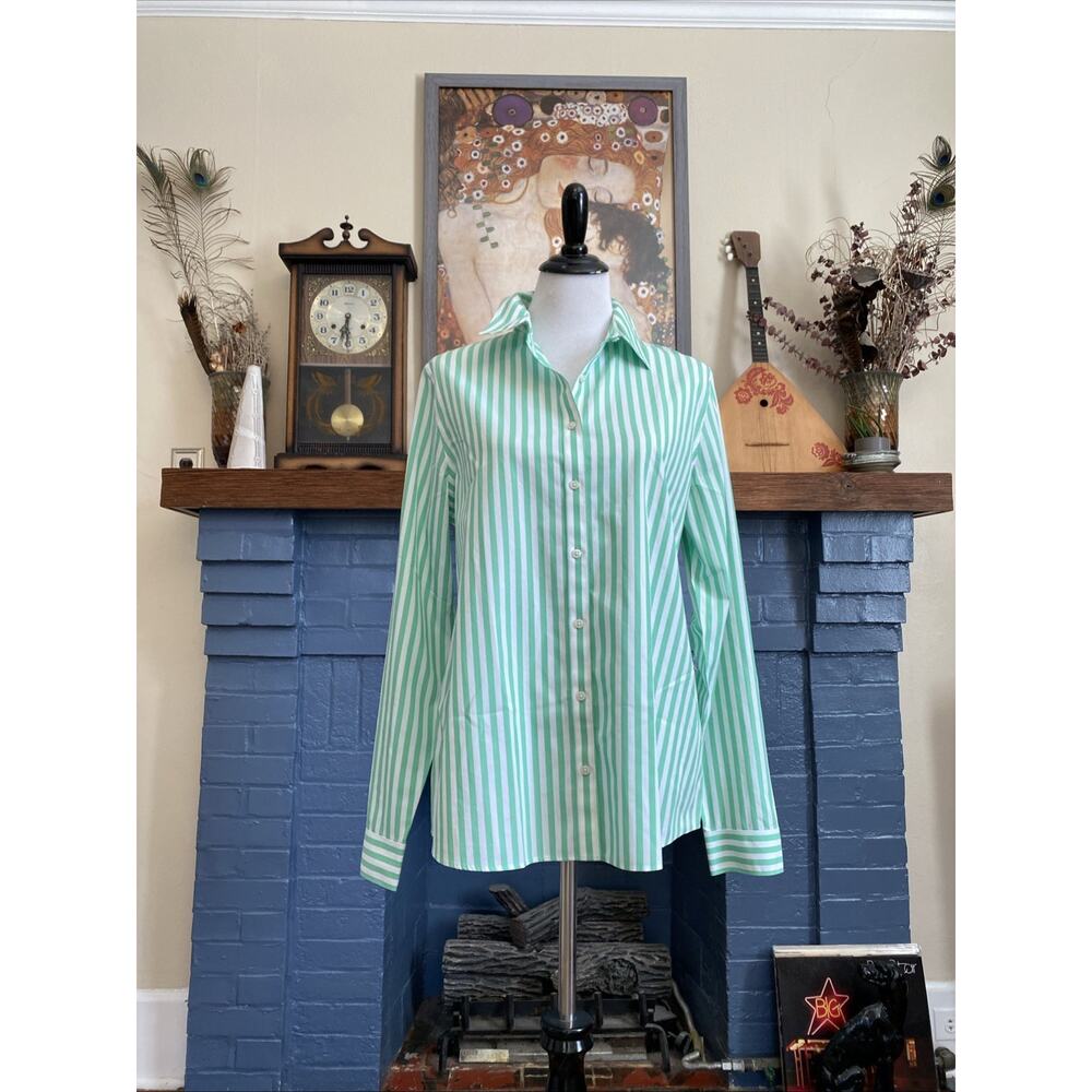 Lands' End Green and White Striped Button Down Shirt